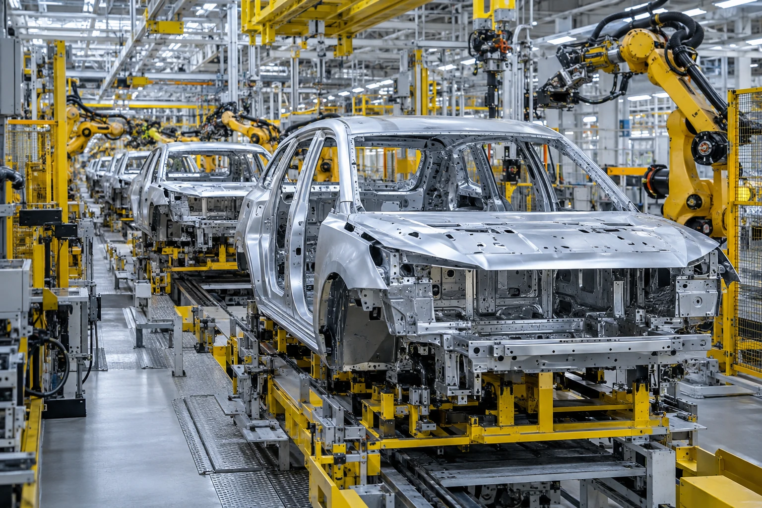 Linie de asamblare automotive cu caroserii și echipamente industriale