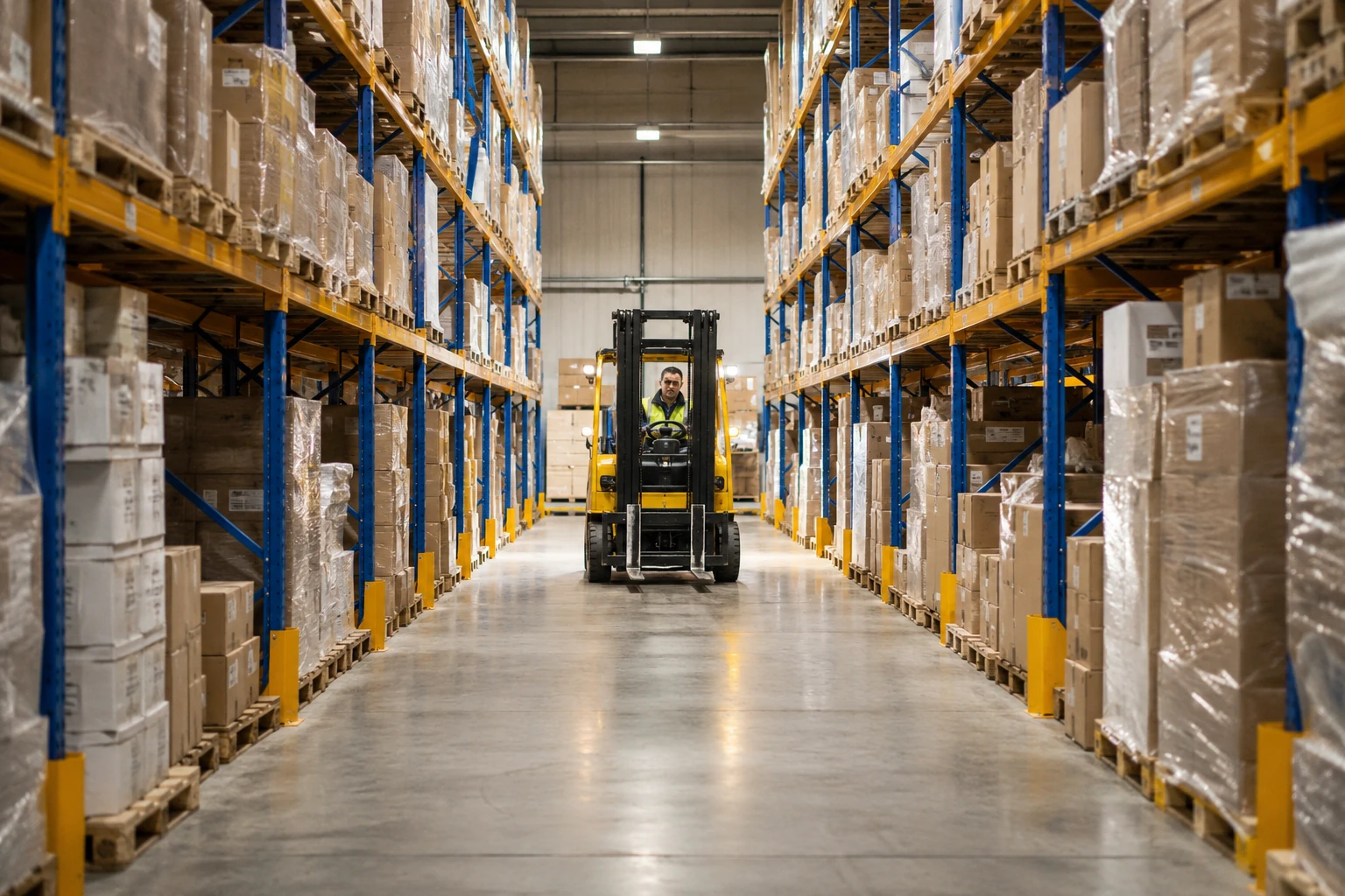 Storage racks and a forklift in an industrial warehouse